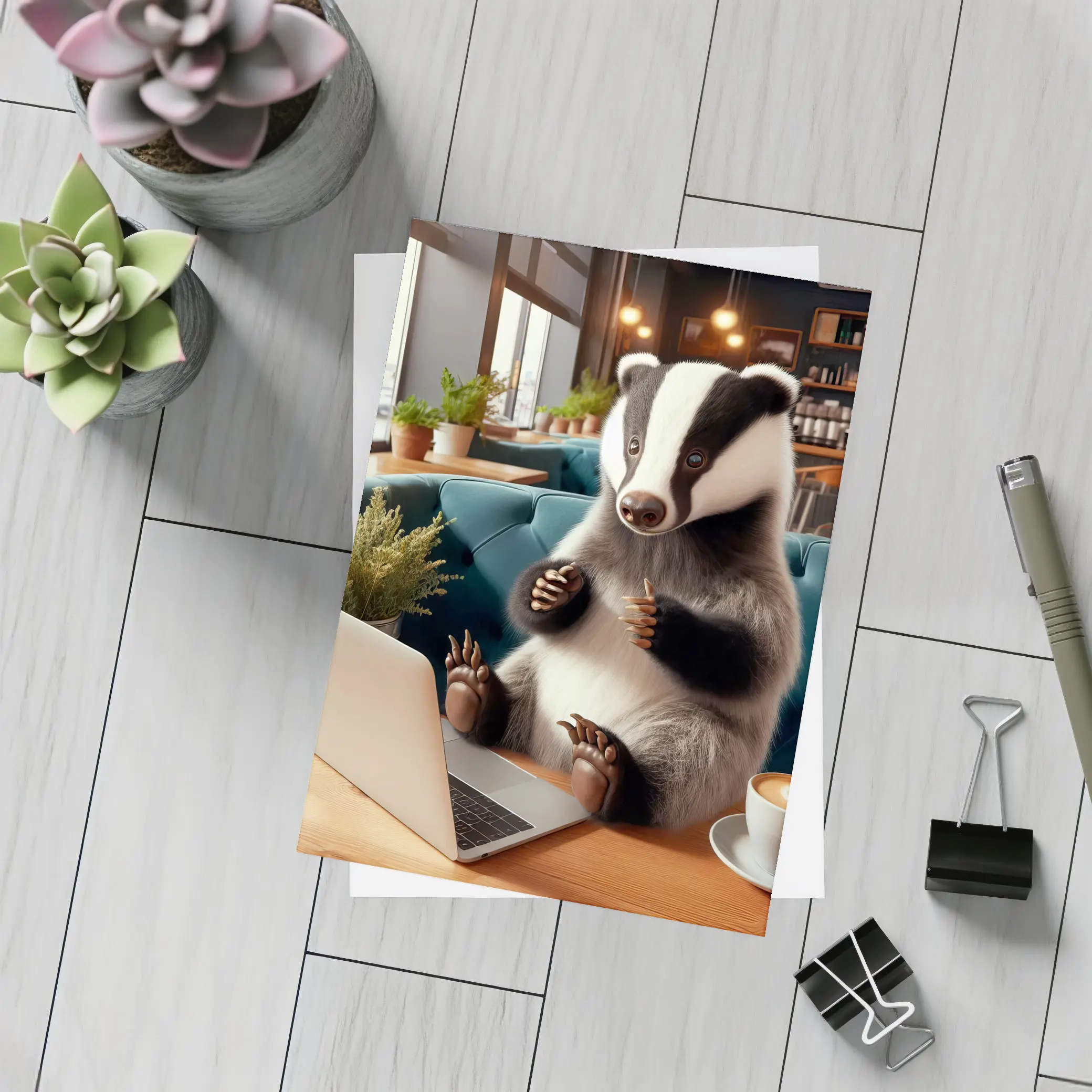 Badger Working Laptop Coffee Shop Cafe – Postcards