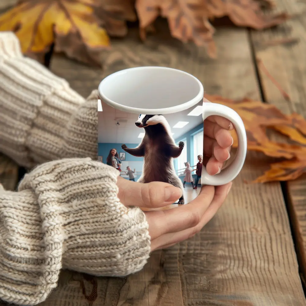Badger Dancing With Kids In Studio – Mugs