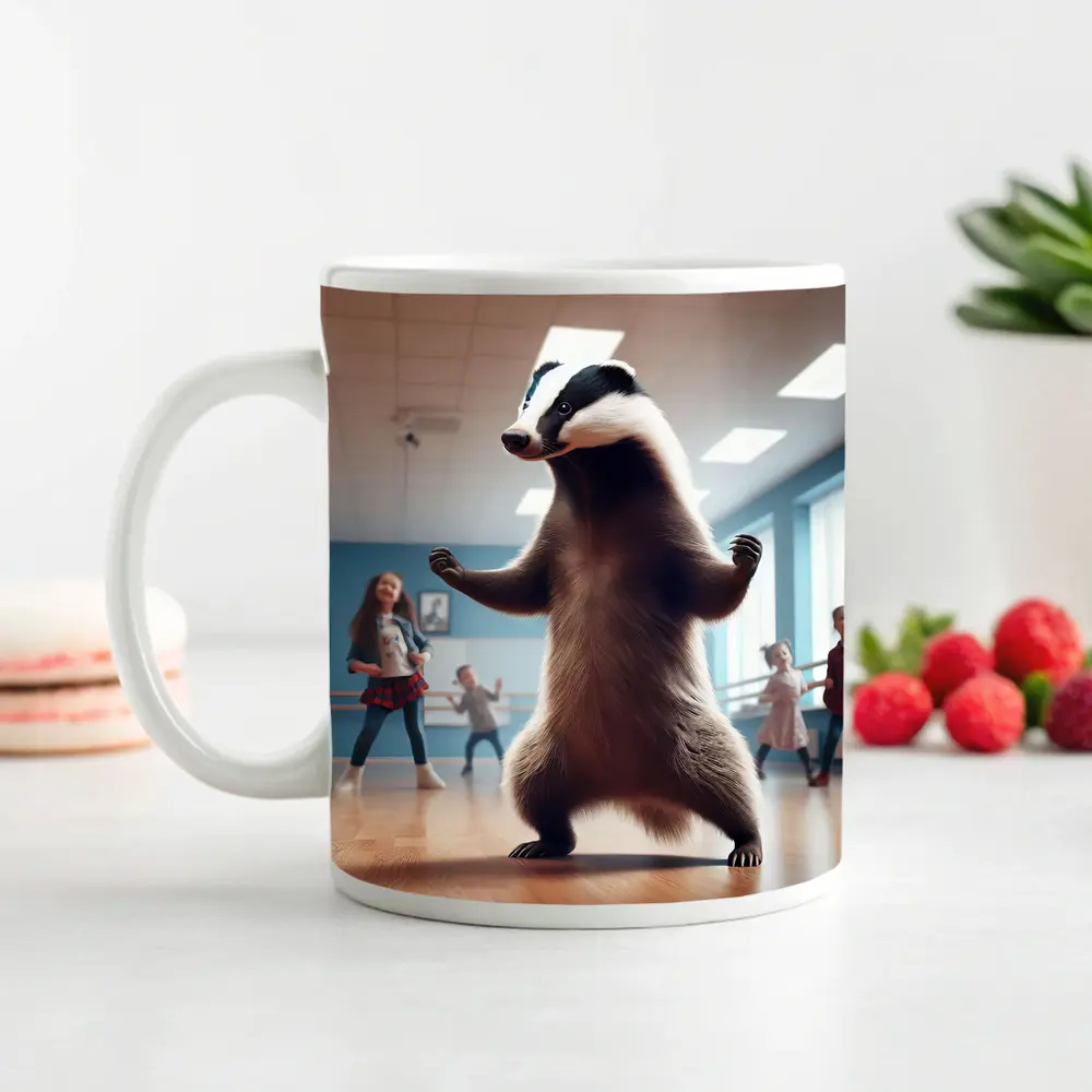 Badger Dancing With Kids In Studio – Mugs