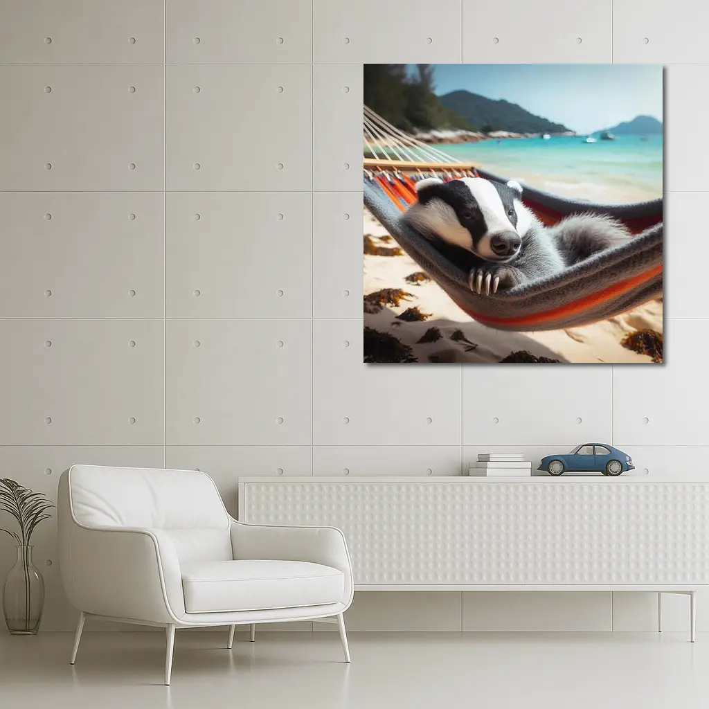 Badger Relaxing In Hammock On Beach – Wall Art