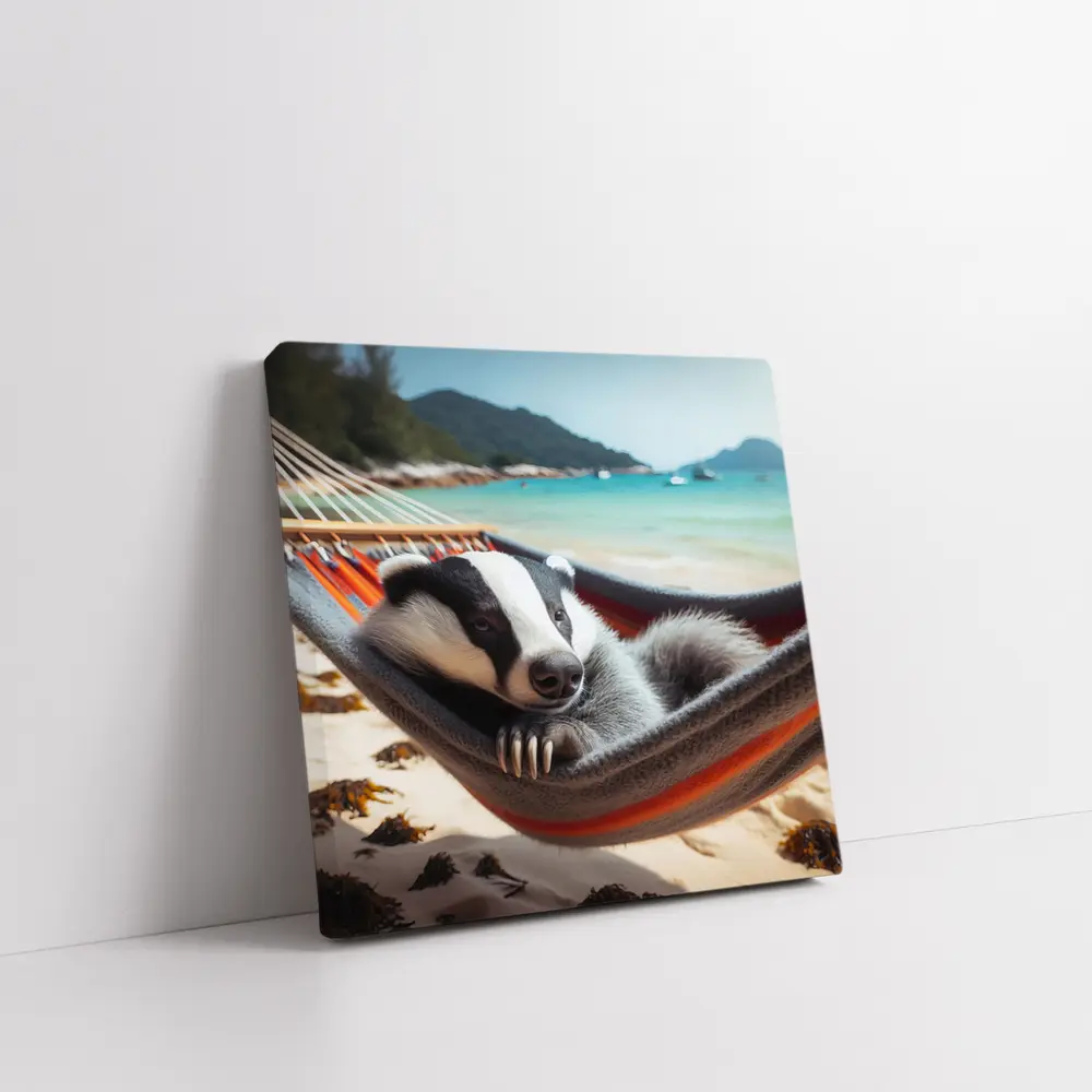 Badger Relaxing In Hammock On Beach – Wall Art