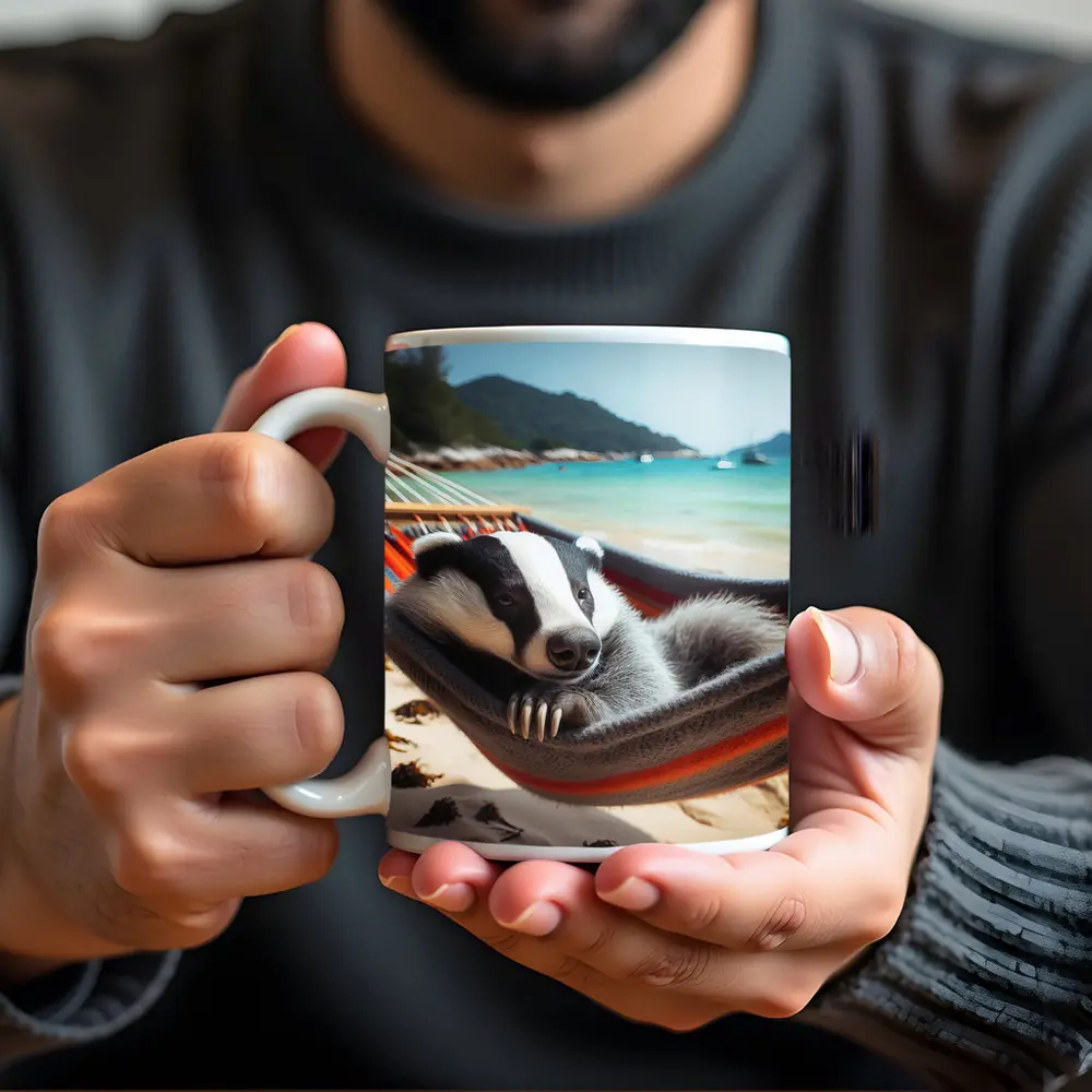 Badger Relaxing In Hammock On Beach – Mugs