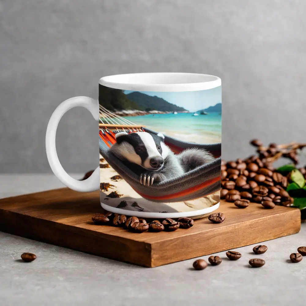 Badger Relaxing In Hammock On Beach – Mugs