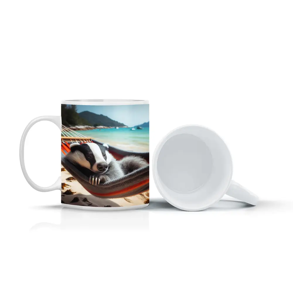 Badger Relaxing In Hammock On Beach – Mugs
