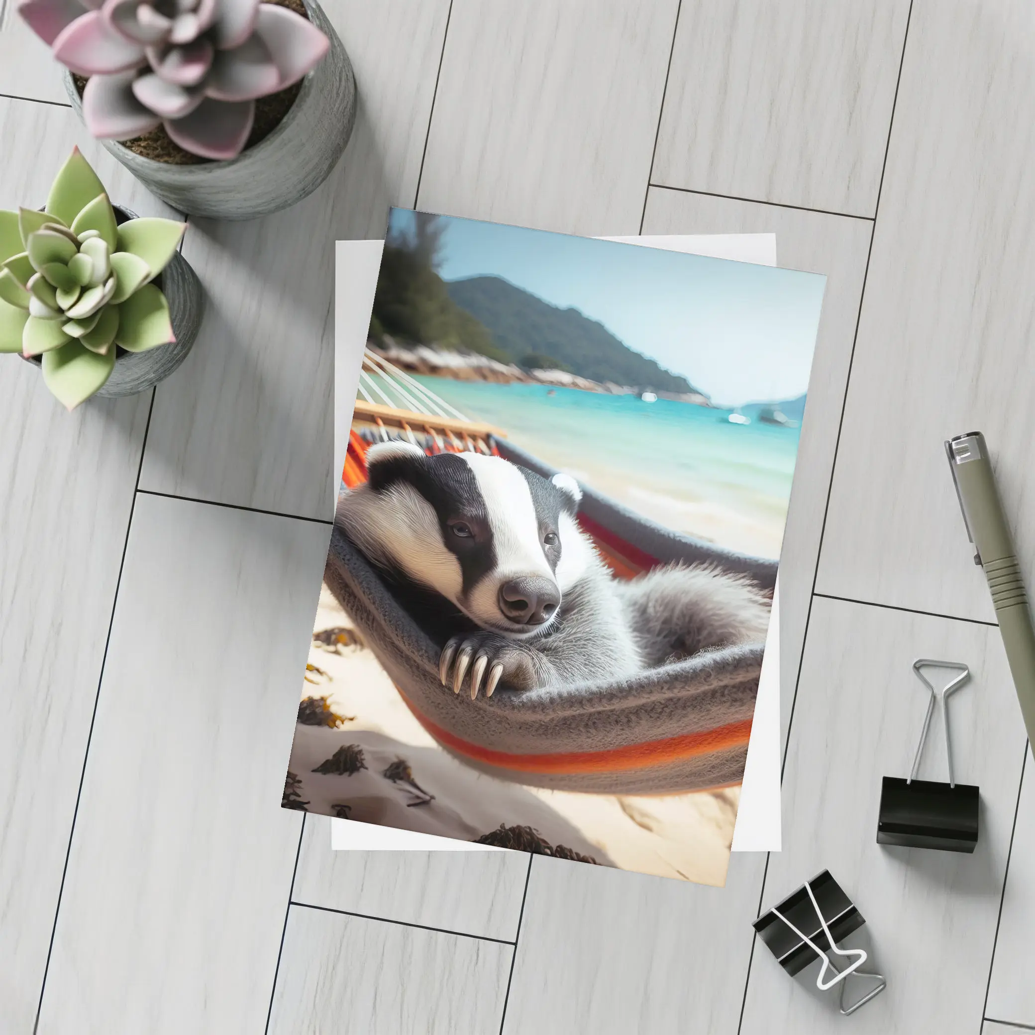 Badger Relaxing In Hammock On Beach – Postcards