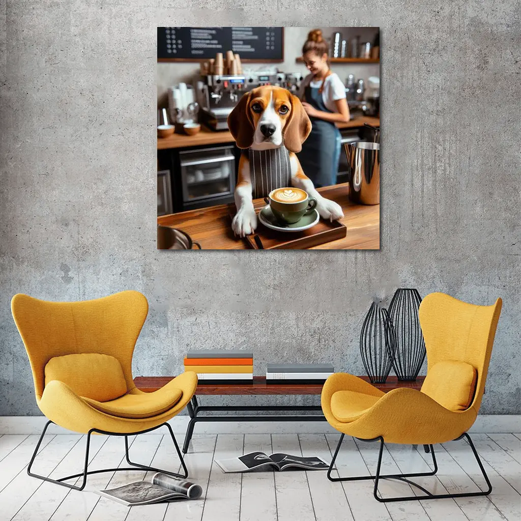 Beagle Barista Serving Latte In Cafe – Wall Art