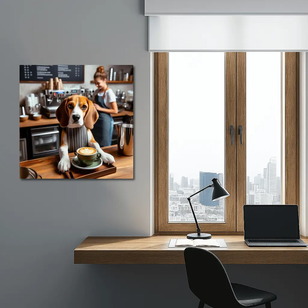 Beagle Barista Serving Latte In Cafe – Wall Art
