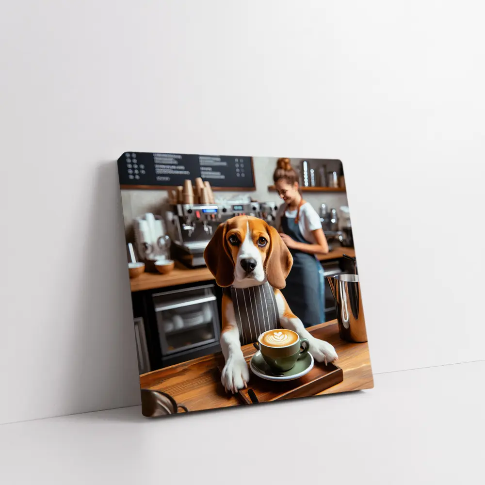 Beagle Barista Serving Latte In Cafe – Wall Art
