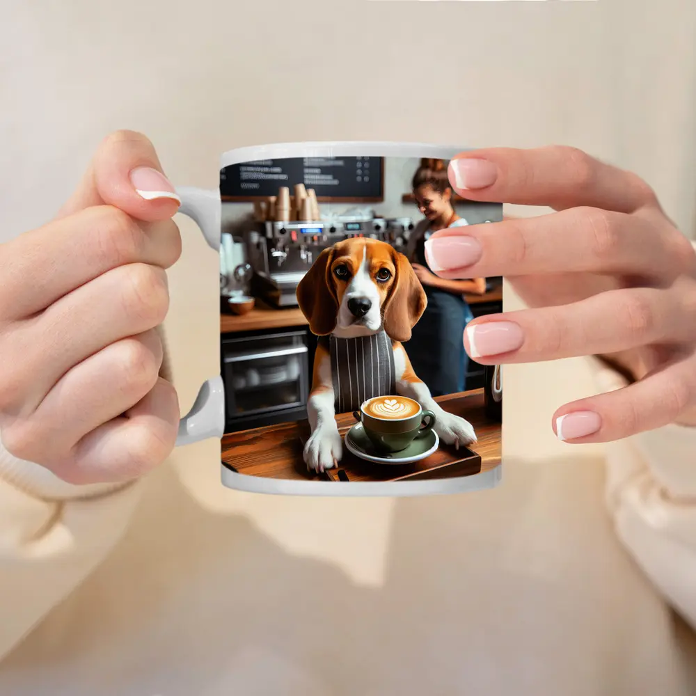 Beagle Barista Serving Latte In Cafe – Mugs