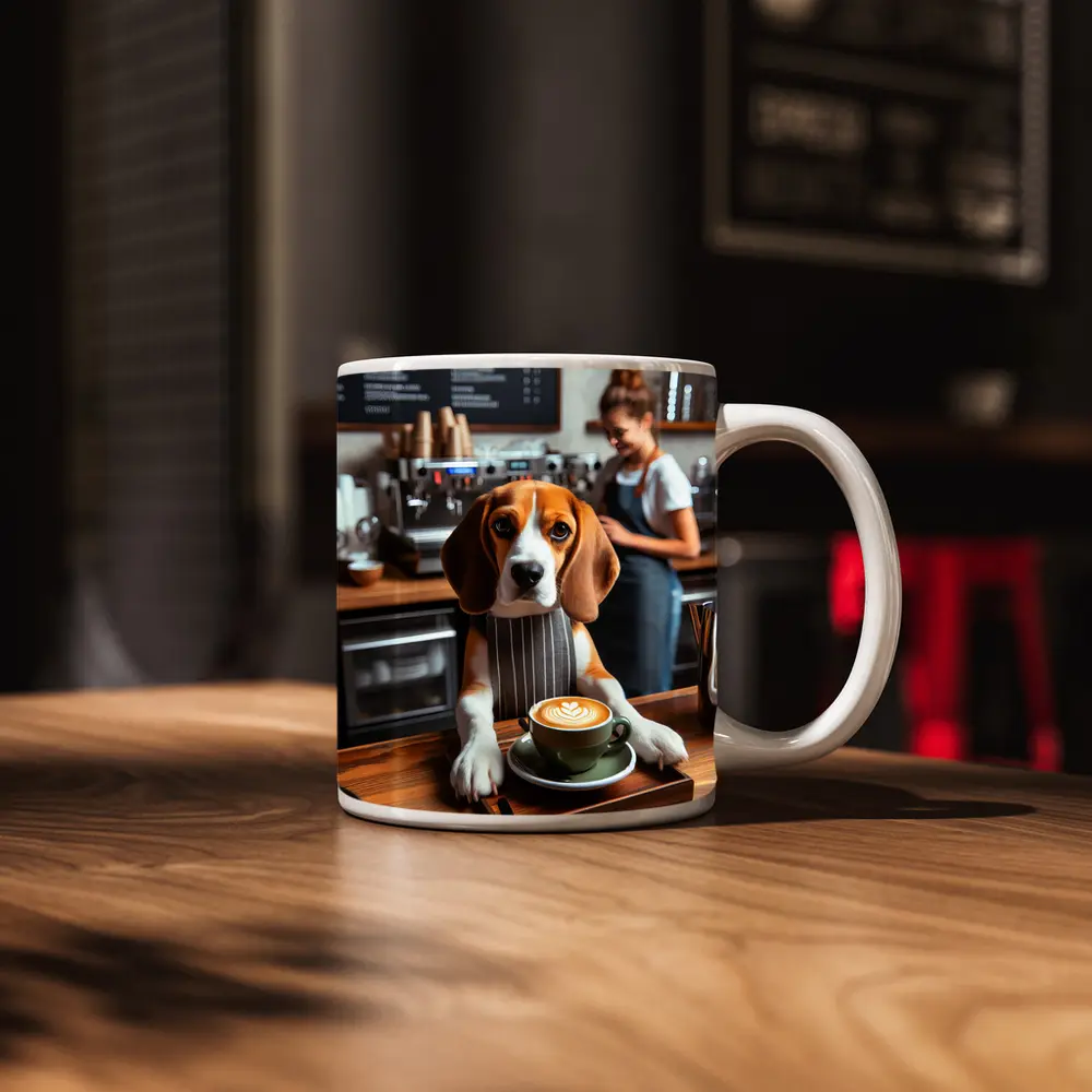 Beagle Barista Serving Latte In Cafe – Mugs