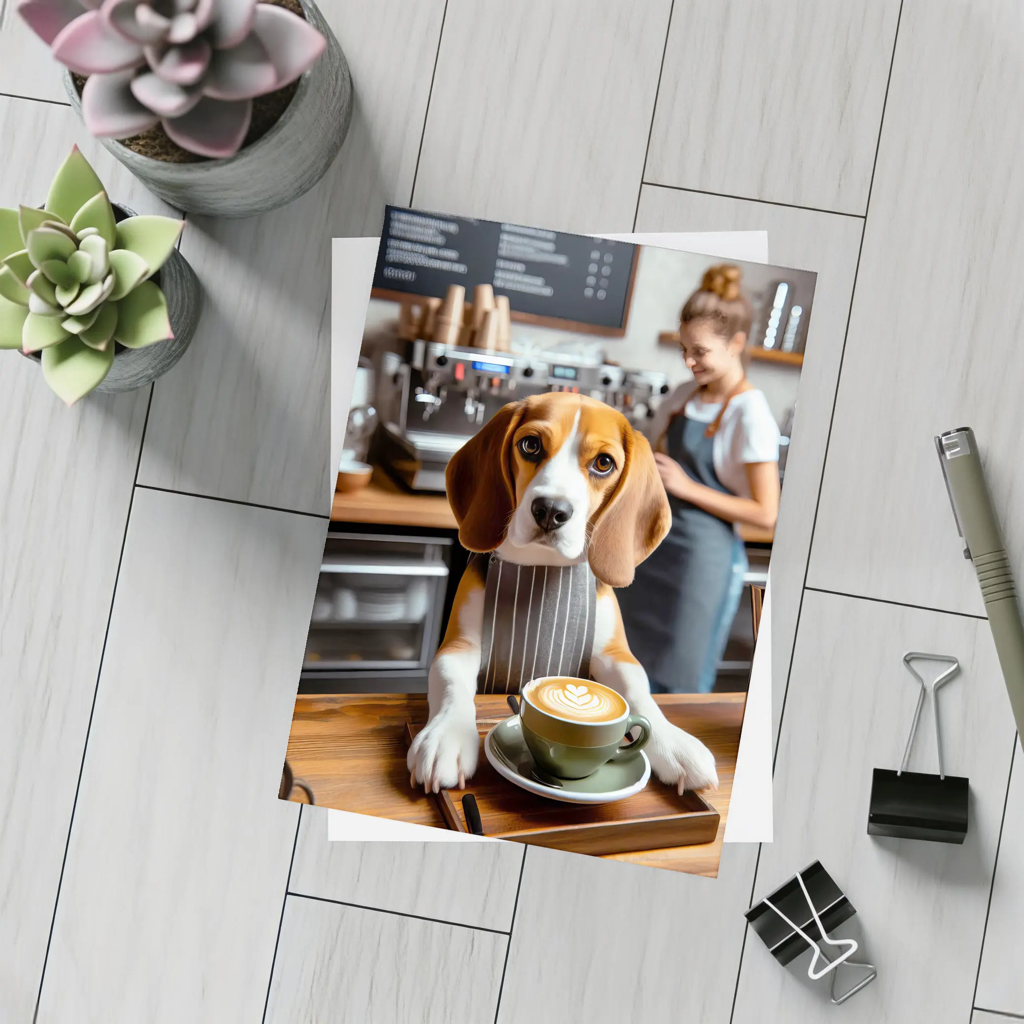 Beagle Barista Serving Latte In Cafe – Postcards