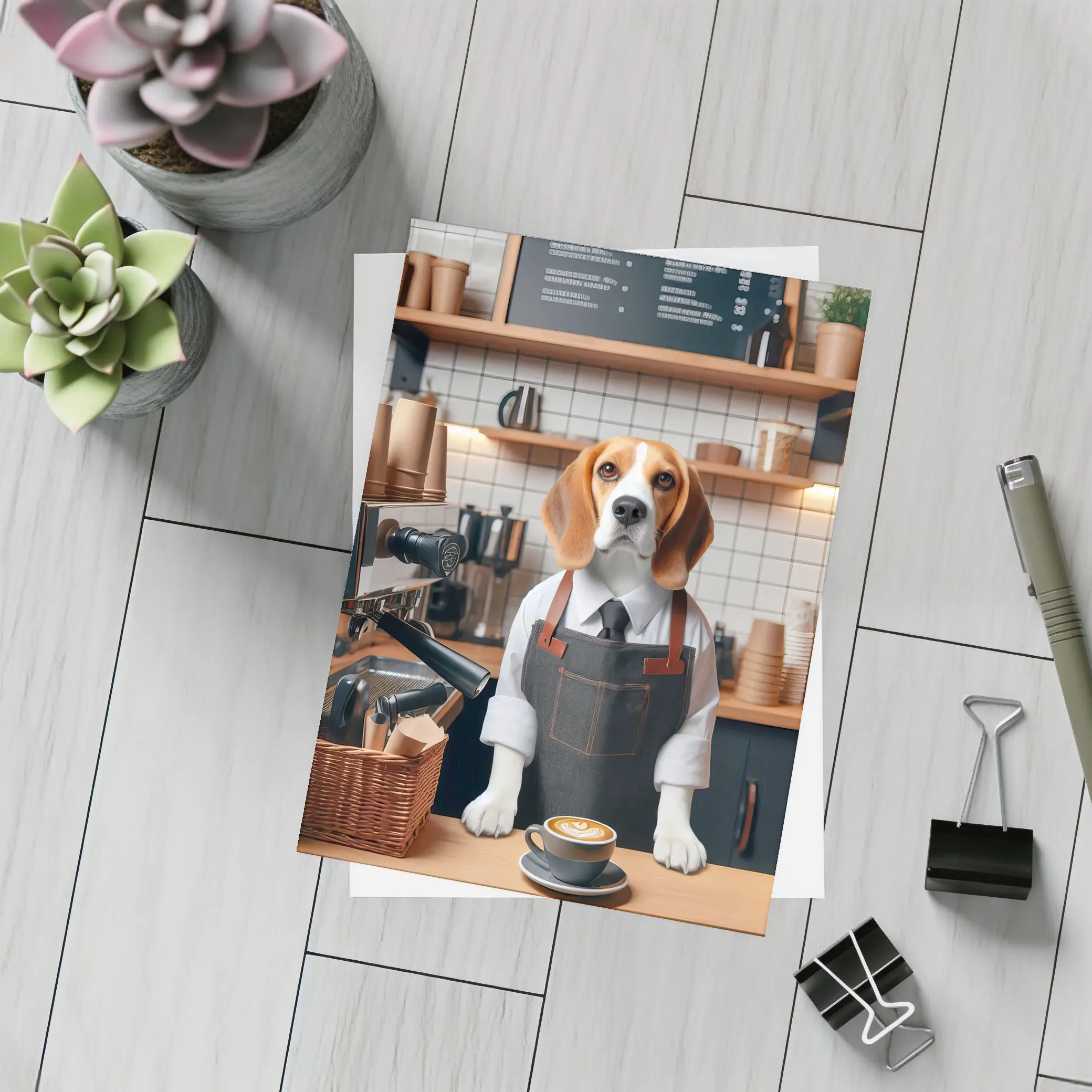 Beagle Barista Working In Coffee Shop – Postcards