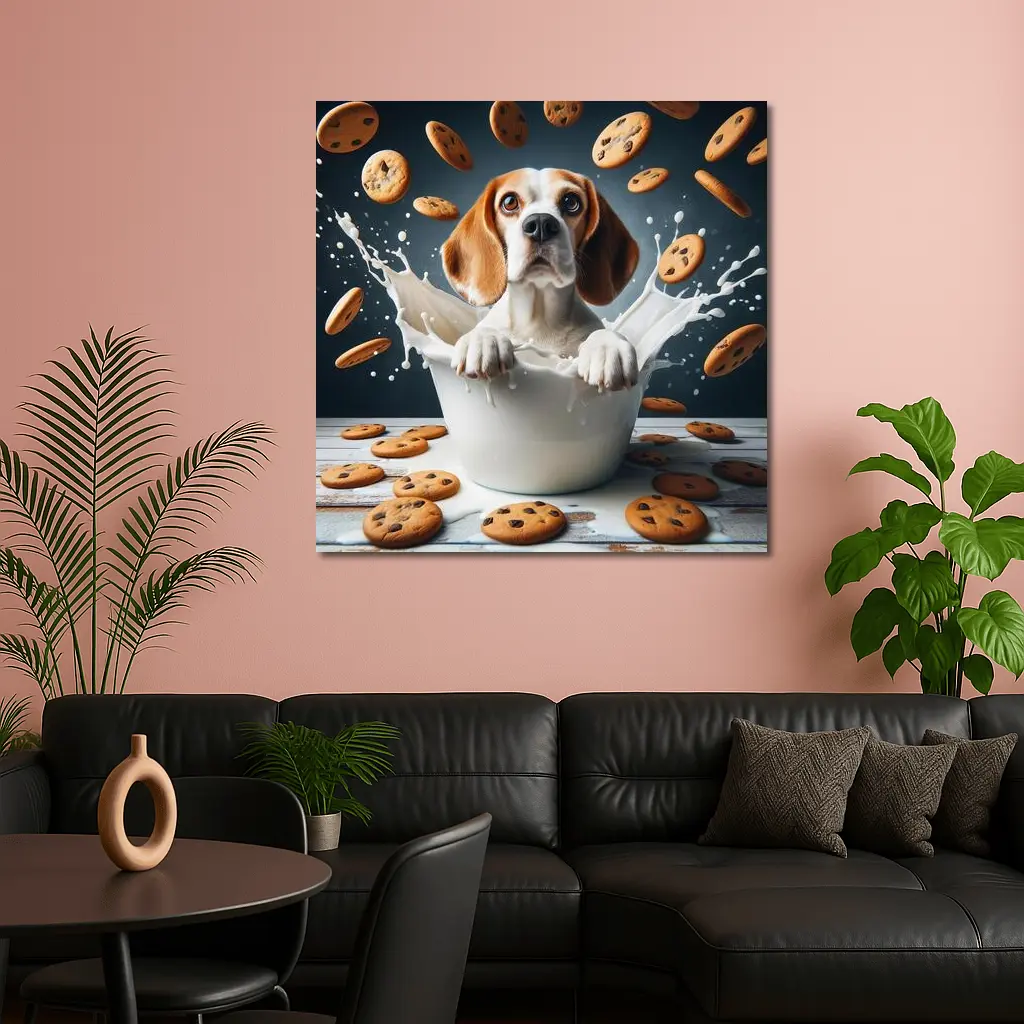 Beagle Dog Sitting in Milk Cookies – Wall Art
