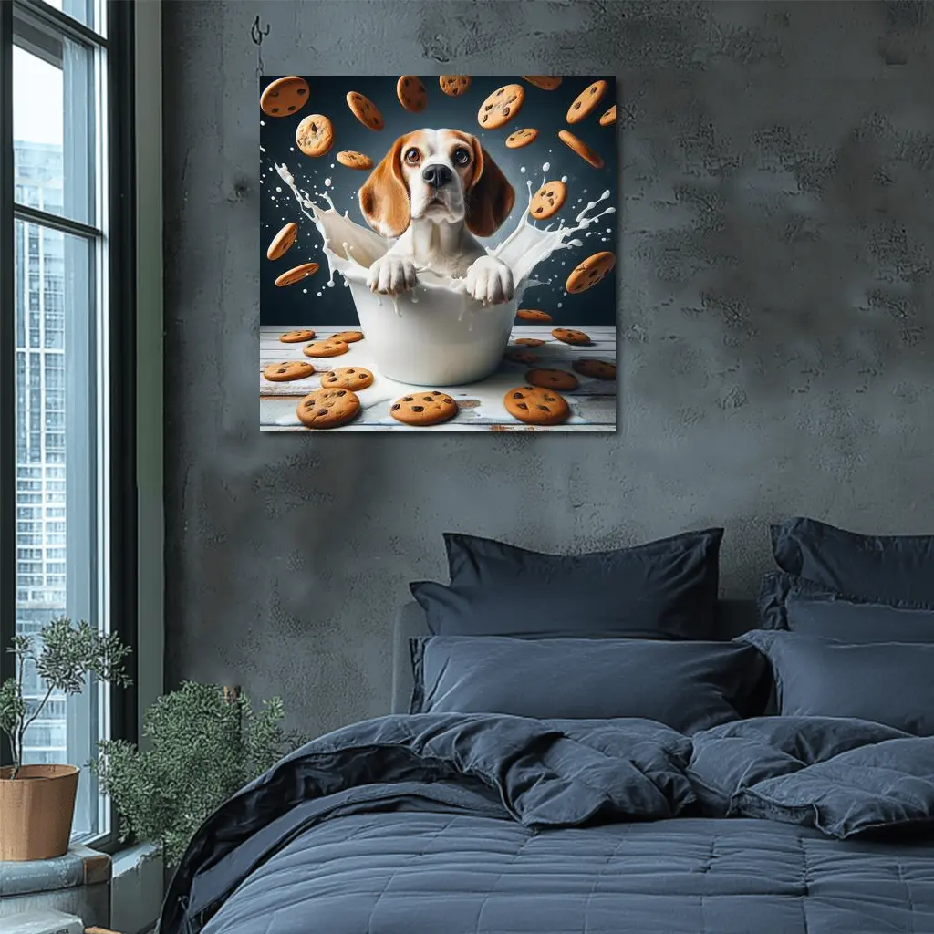 Beagle Dog Sitting in Milk Cookies – Wall Art