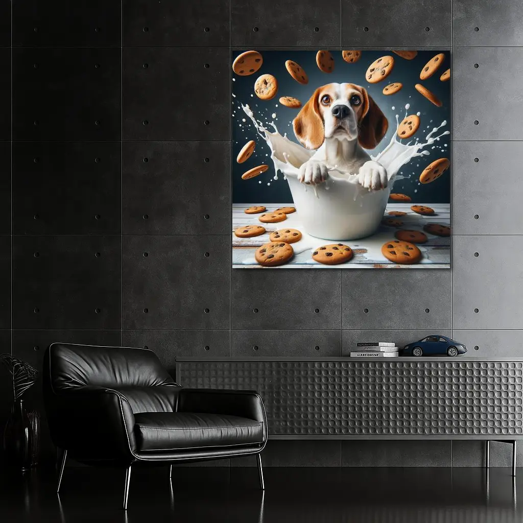 Beagle Dog Sitting in Milk Cookies – Wall Art