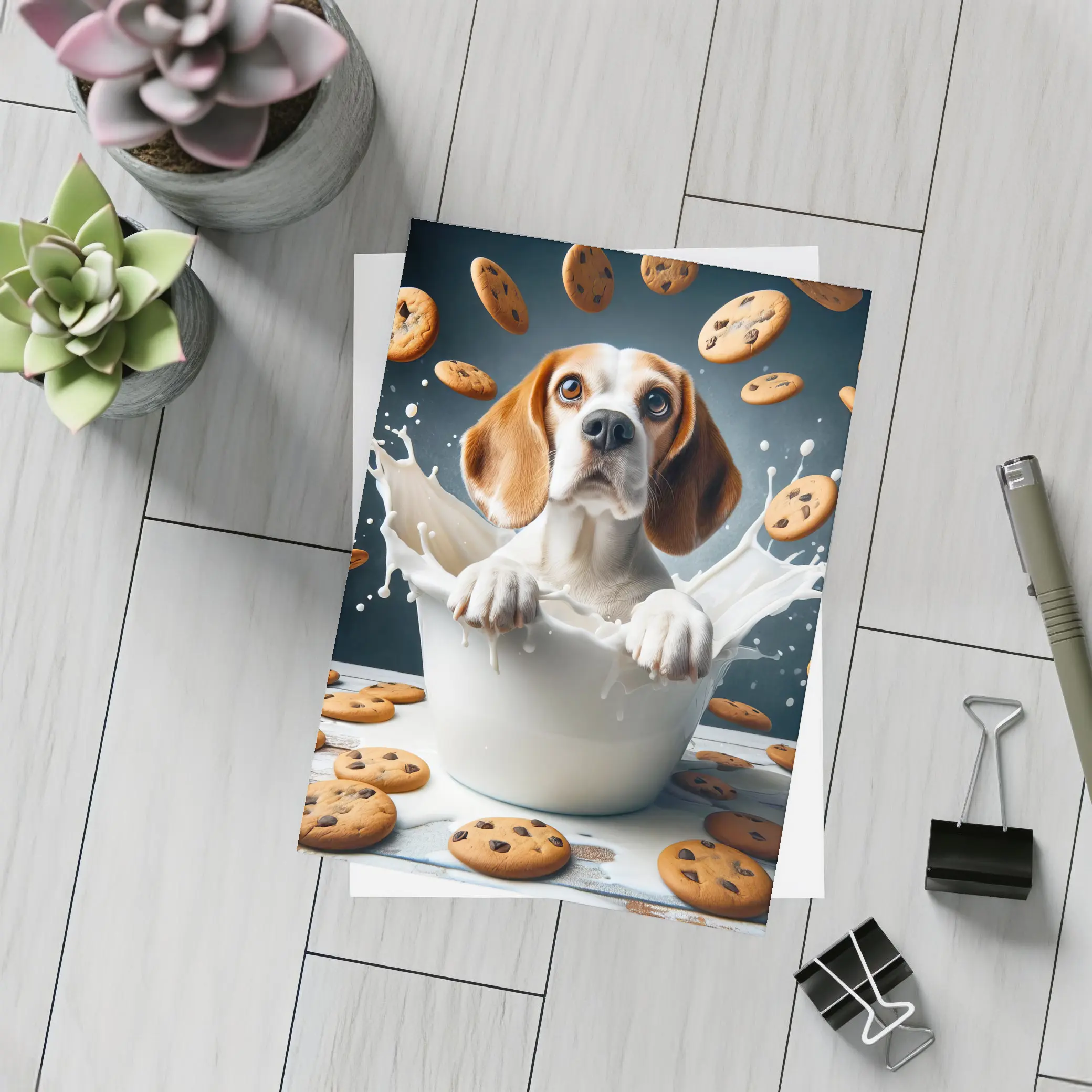 Beagle Dog Sitting in Milk Cookies – Postcards