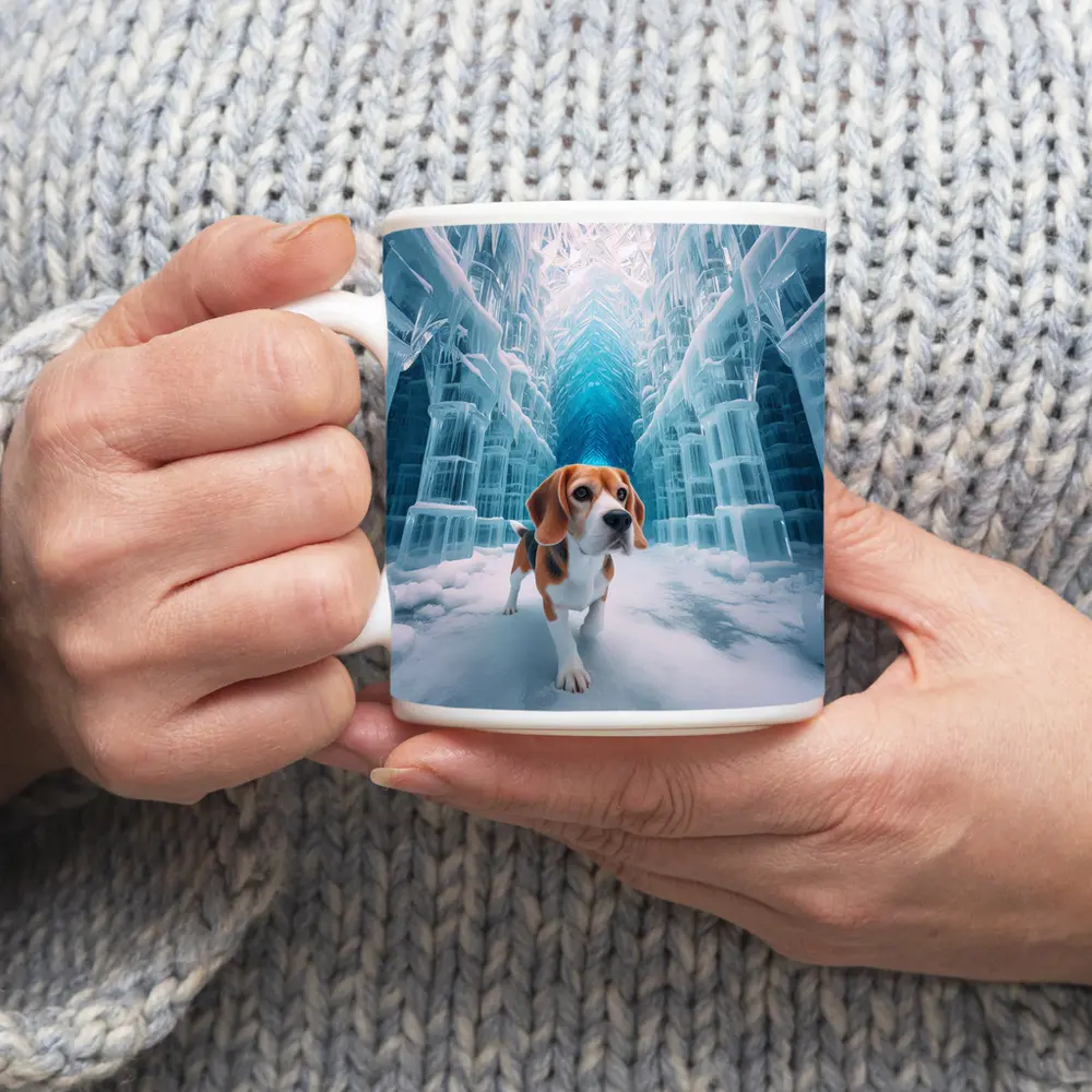 Beagle Dog Walking Through Frozen Ice Palace – Mugs