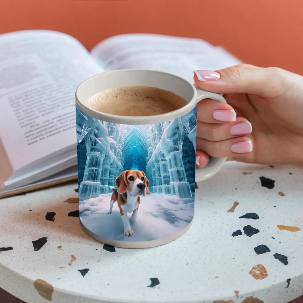 Beagle Dog Walking Through Frozen Ice Palace – Mugs