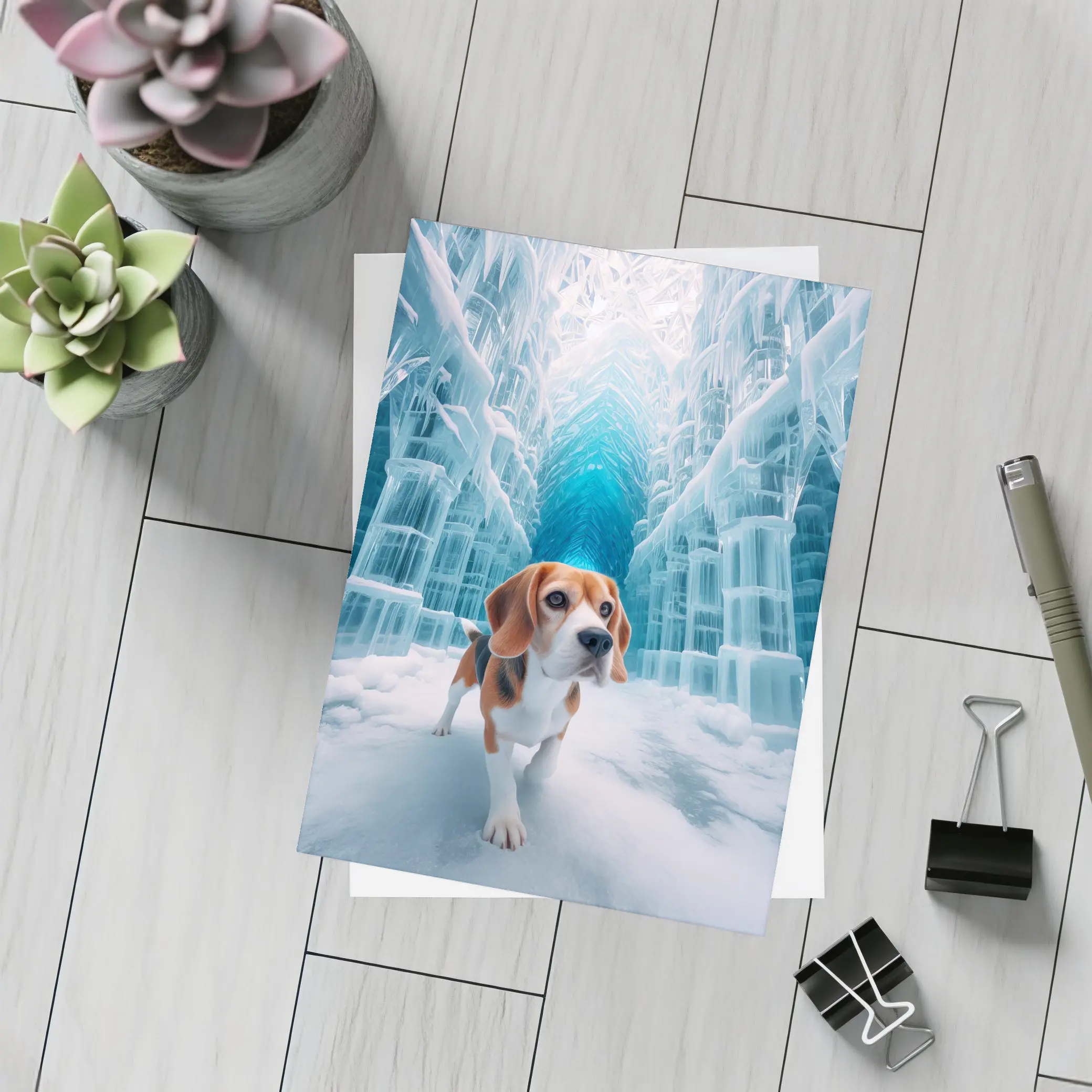Beagle Dog Walking Through Frozen Ice Palace – Postcards
