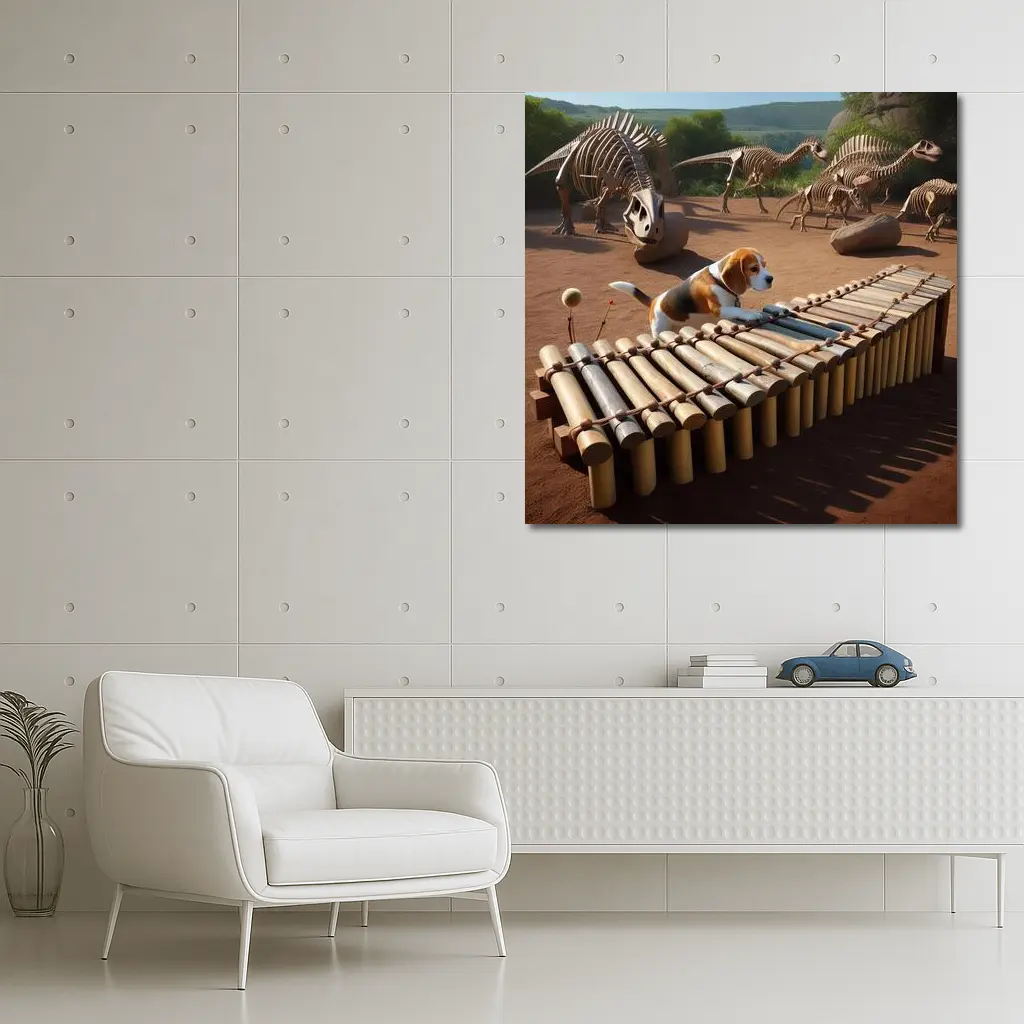 Beagle Dog Playing Xylophone Dinosaur Skeletons Background – Wall Art