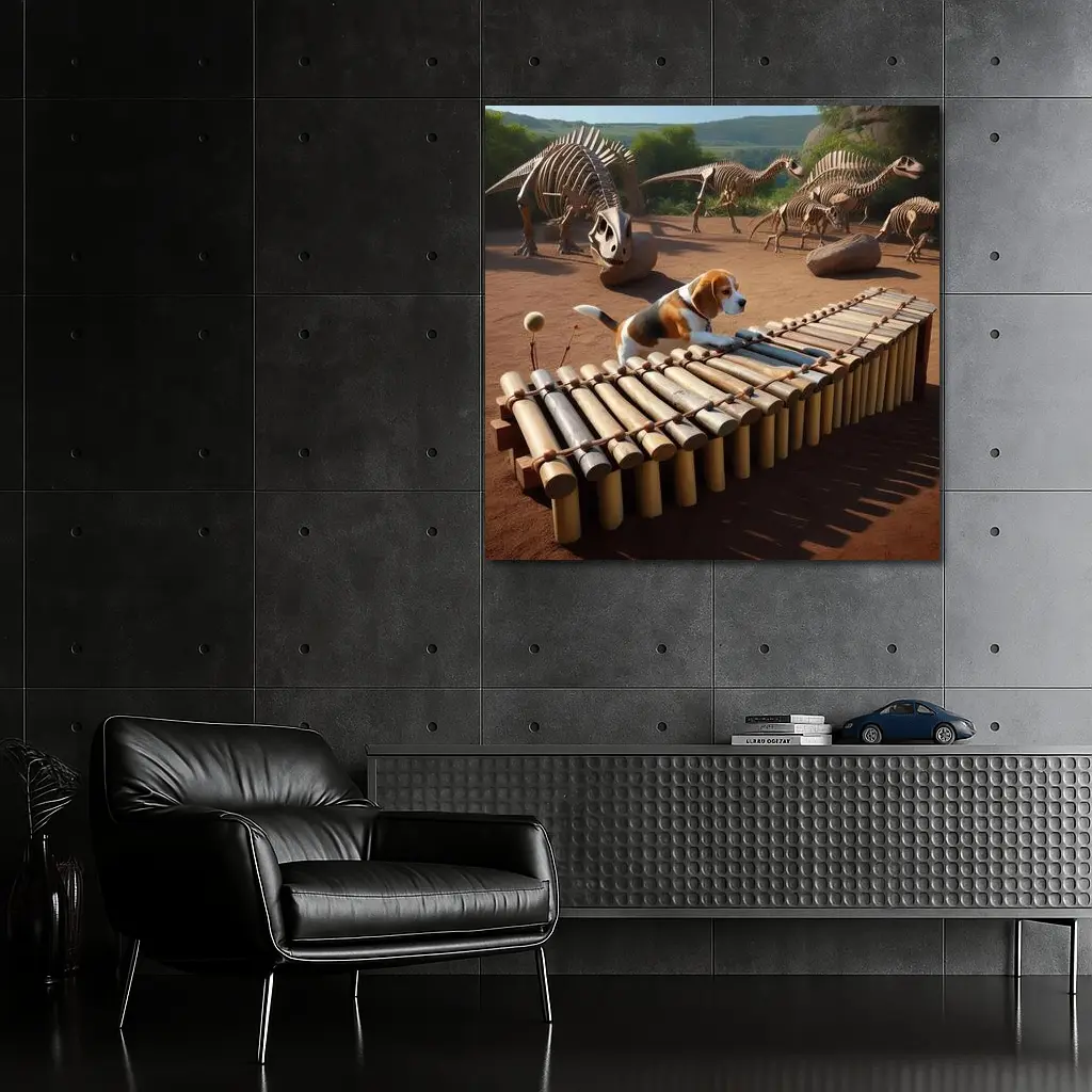 Beagle Dog Playing Xylophone Dinosaur Skeletons Background – Wall Art