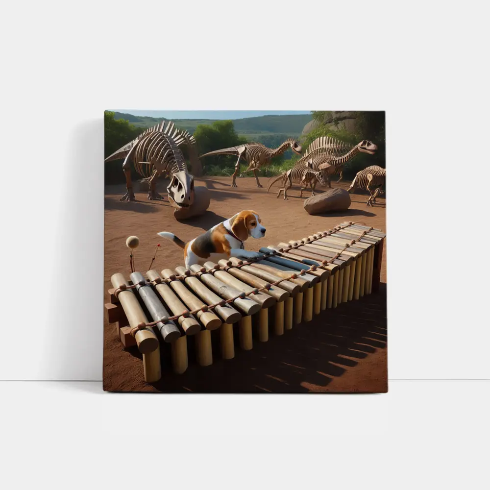 Beagle Dog Playing Xylophone Dinosaur Skeletons Background – Wall Art