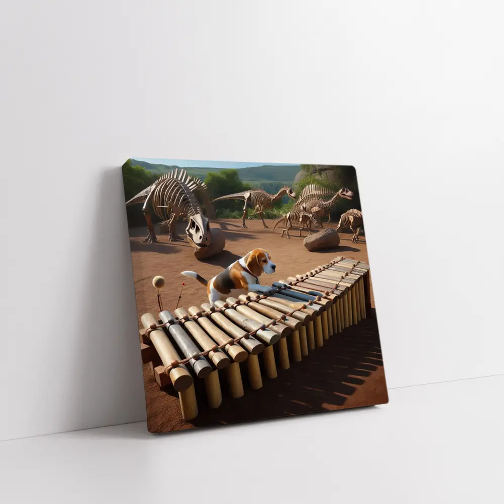 Beagle Dog Playing Xylophone Dinosaur Skeletons Background – Wall Art