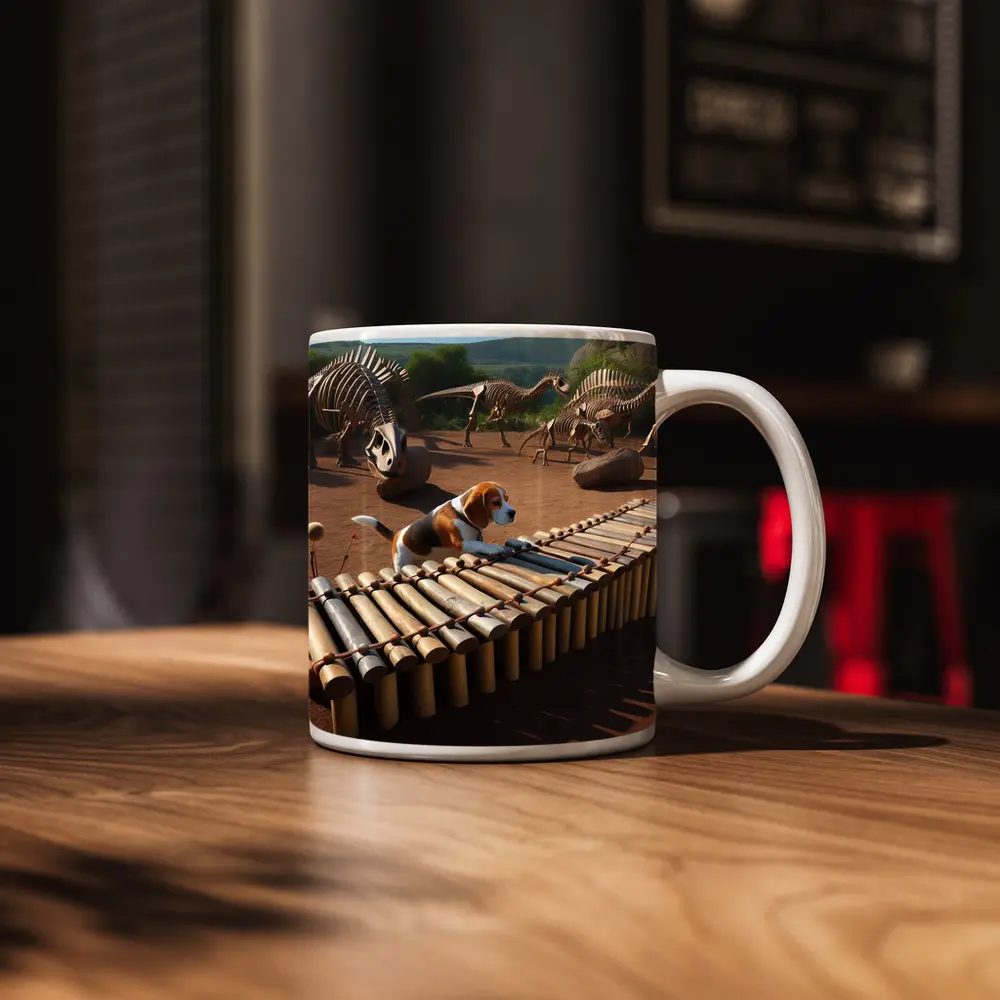 Beagle Dog Playing Xylophone Dinosaur Skeletons Background – Mugs