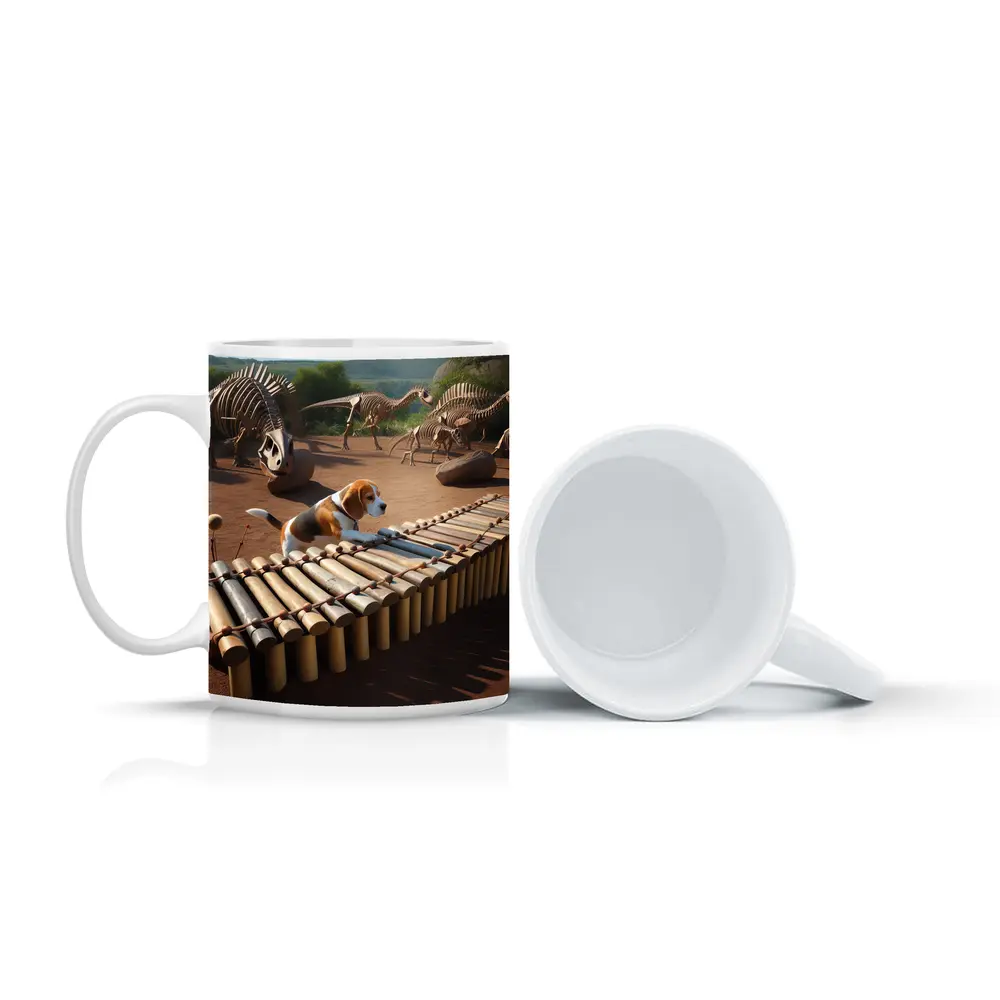 Beagle Dog Playing Xylophone Dinosaur Skeletons Background – Mugs
