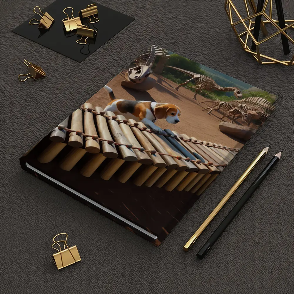Beagle Dog Playing Xylophone Dinosaur Skeletons Background – Notebooks
