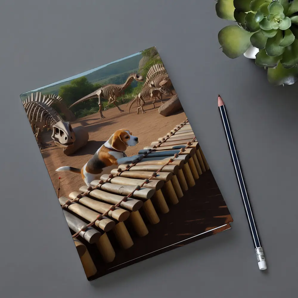 Beagle Dog Playing Xylophone Dinosaur Skeletons Background – Notebooks