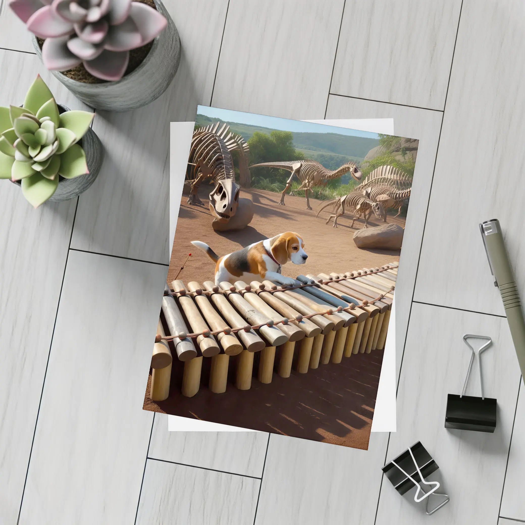 Beagle Dog Playing Xylophone Dinosaur Skeletons Background – Postcards