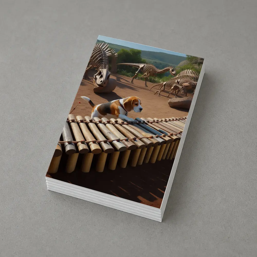 Beagle Dog Playing Xylophone Dinosaur Skeletons Background – Postcards
