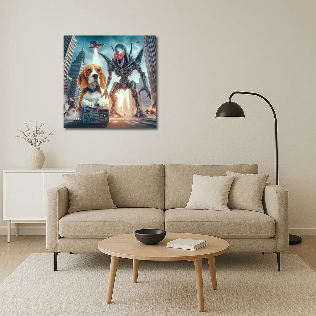 Beagle Puppy Giant Robot Alien City – Wall Art