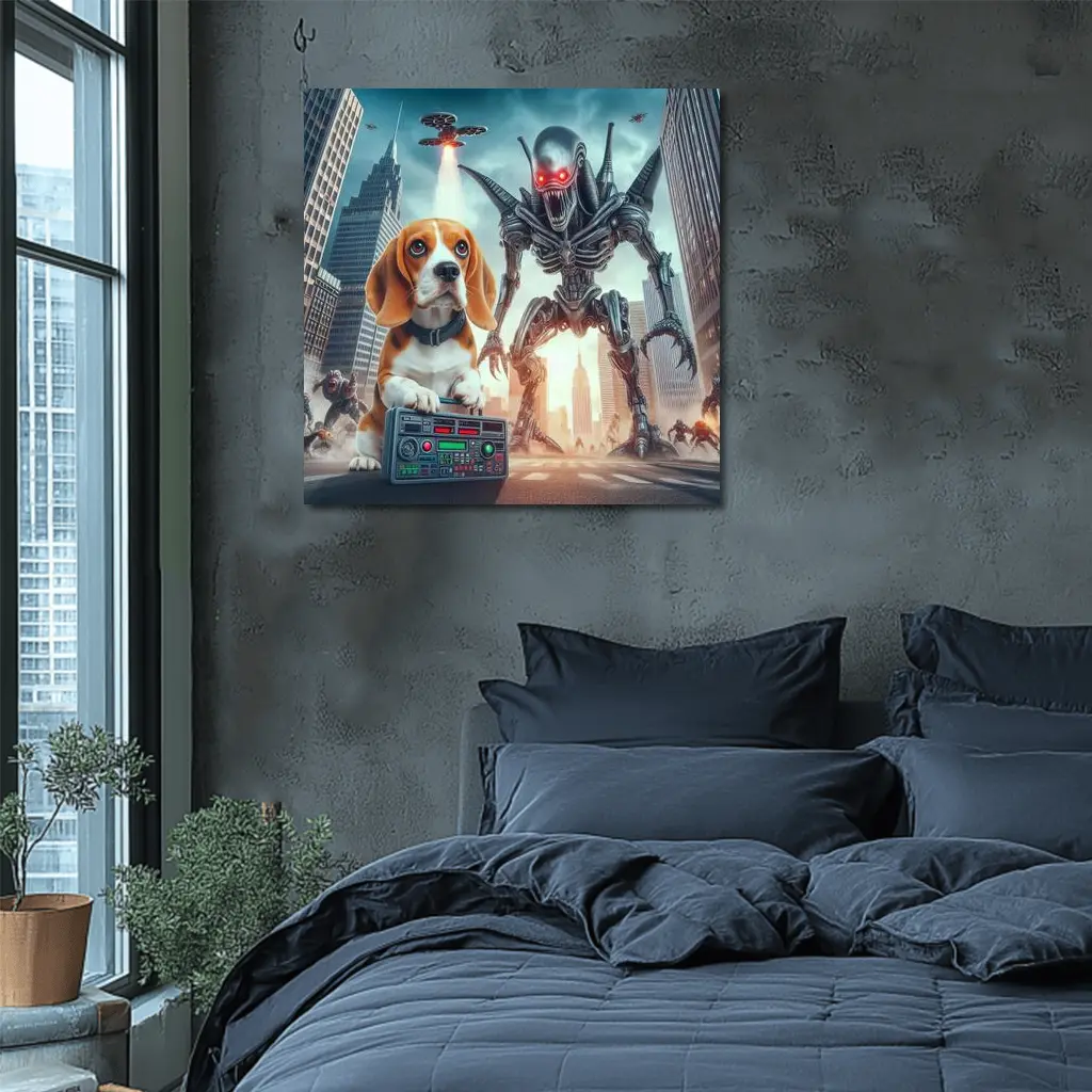 Beagle Puppy Giant Robot Alien City – Wall Art