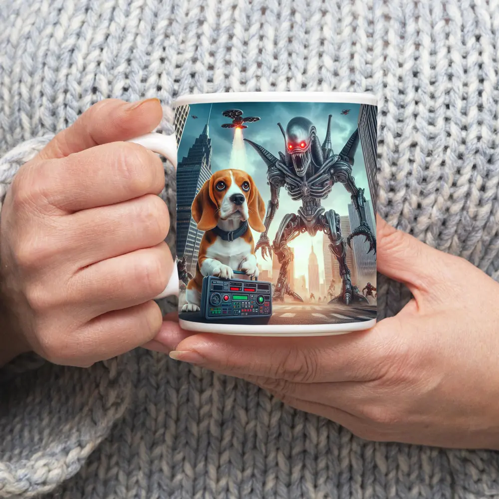 Beagle Puppy Giant Robot Alien City – Mugs
