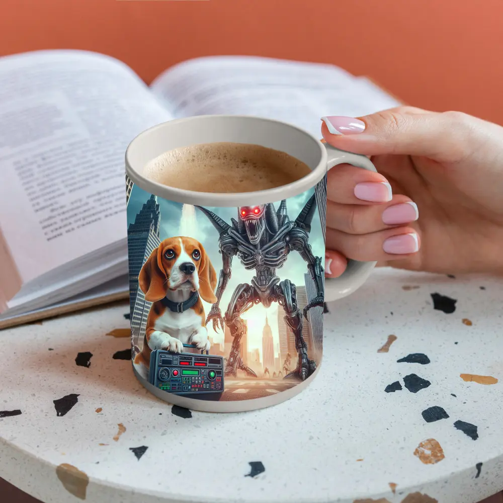 Beagle Puppy Giant Robot Alien City – Mugs