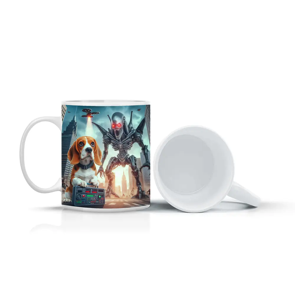 Beagle Puppy Giant Robot Alien City – Mugs