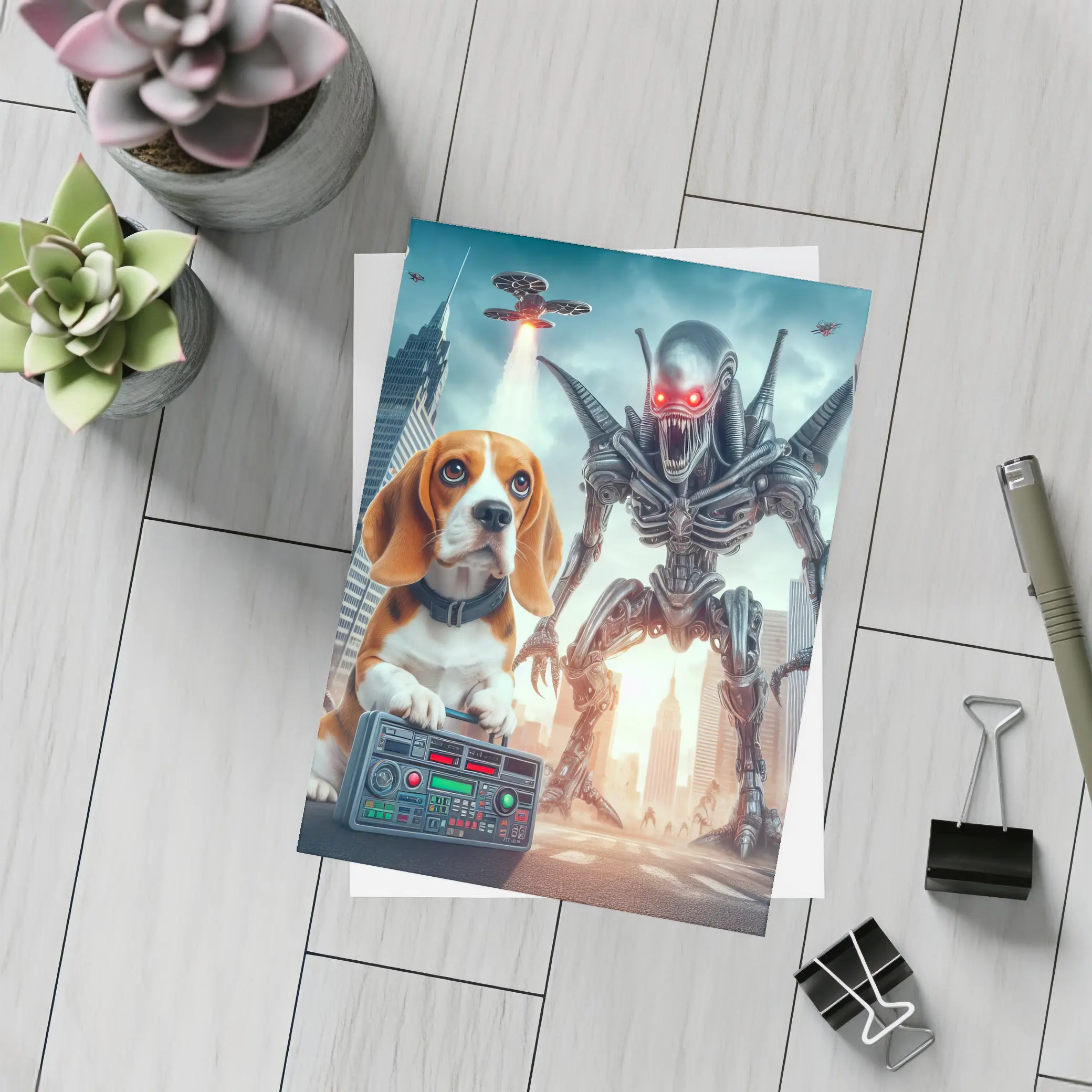 Beagle Puppy Giant Robot Alien City – Postcards