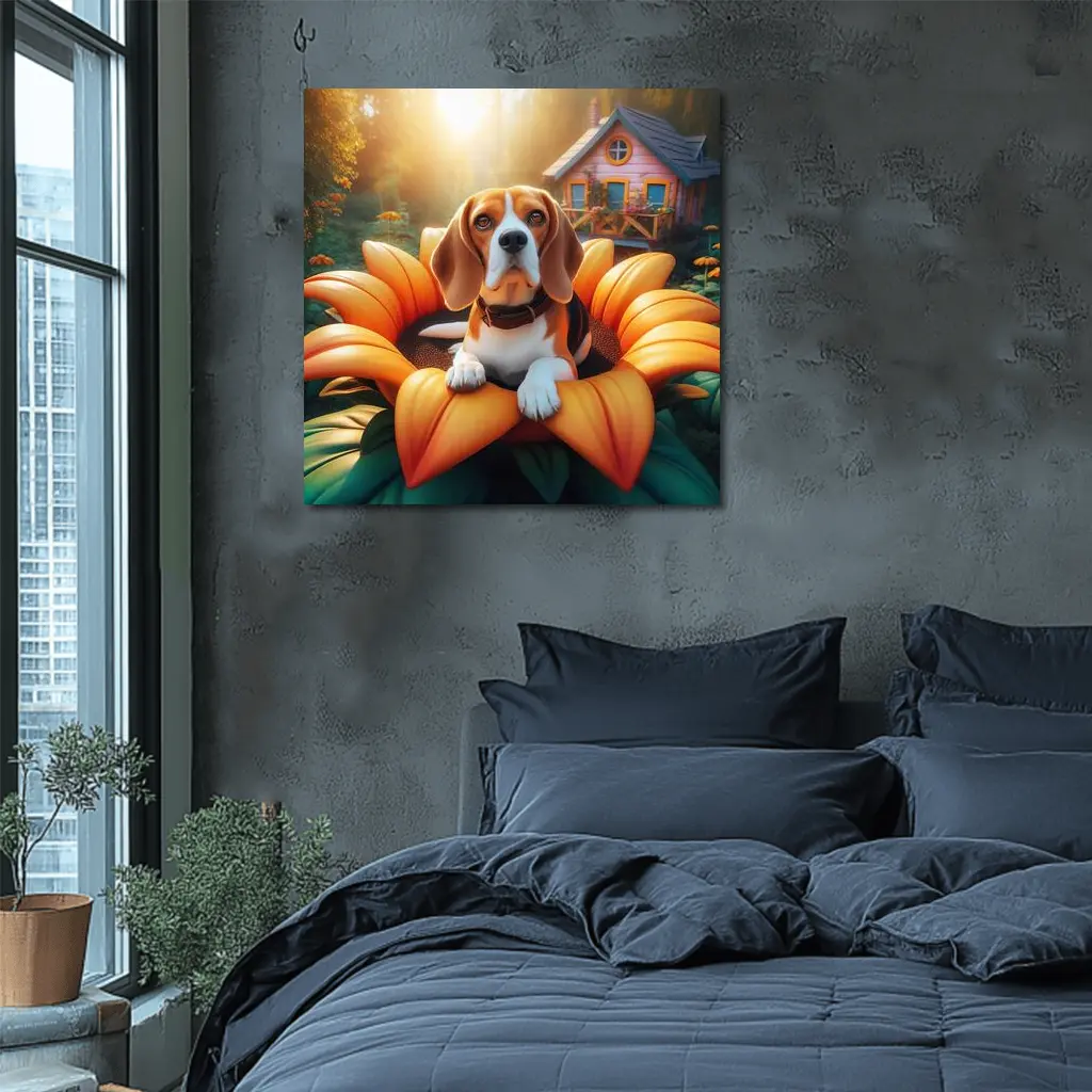 Beagle Dog Sitting in Giant Sunflower Garden – Wall Art