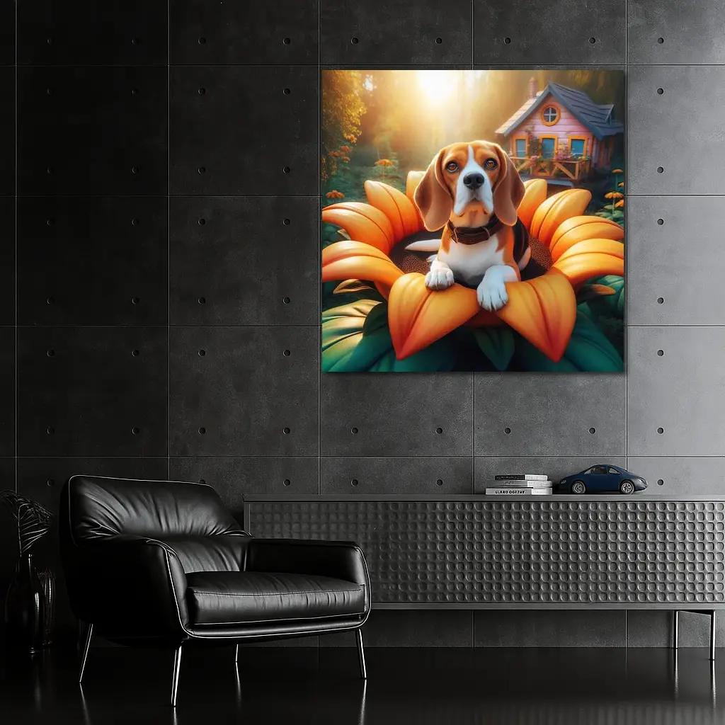 Beagle Dog Sitting in Giant Sunflower Garden – Wall Art