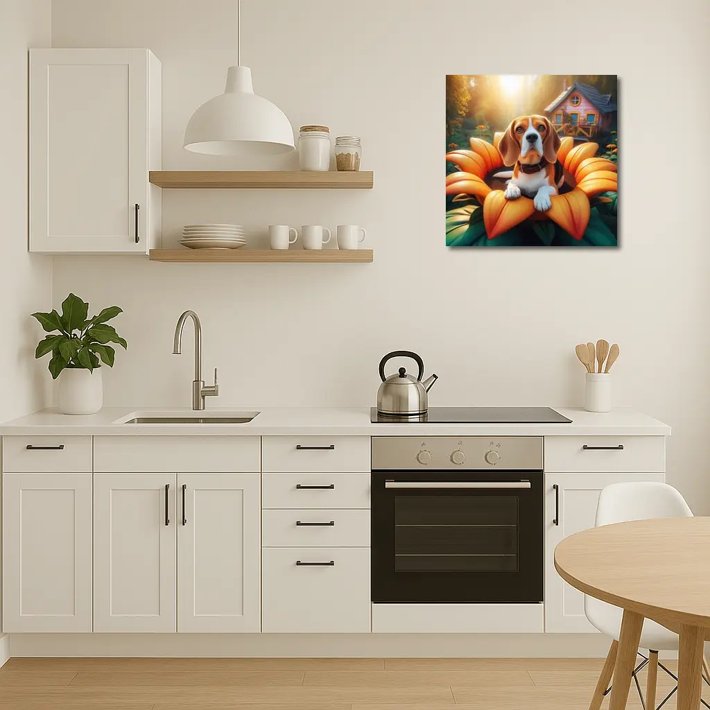 Beagle Dog Sitting in Giant Sunflower Garden – Wall Art