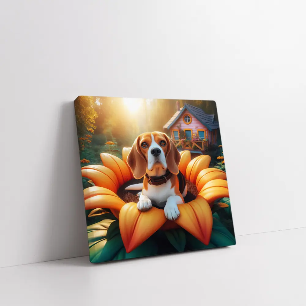 Beagle Dog Sitting in Giant Sunflower Garden – Wall Art