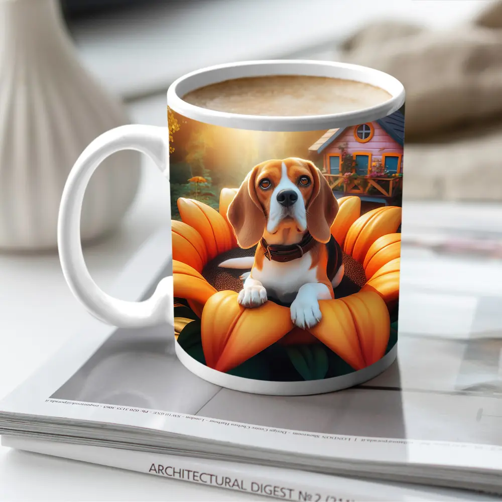 Beagle Dog Sitting in Giant Sunflower Garden – Mugs