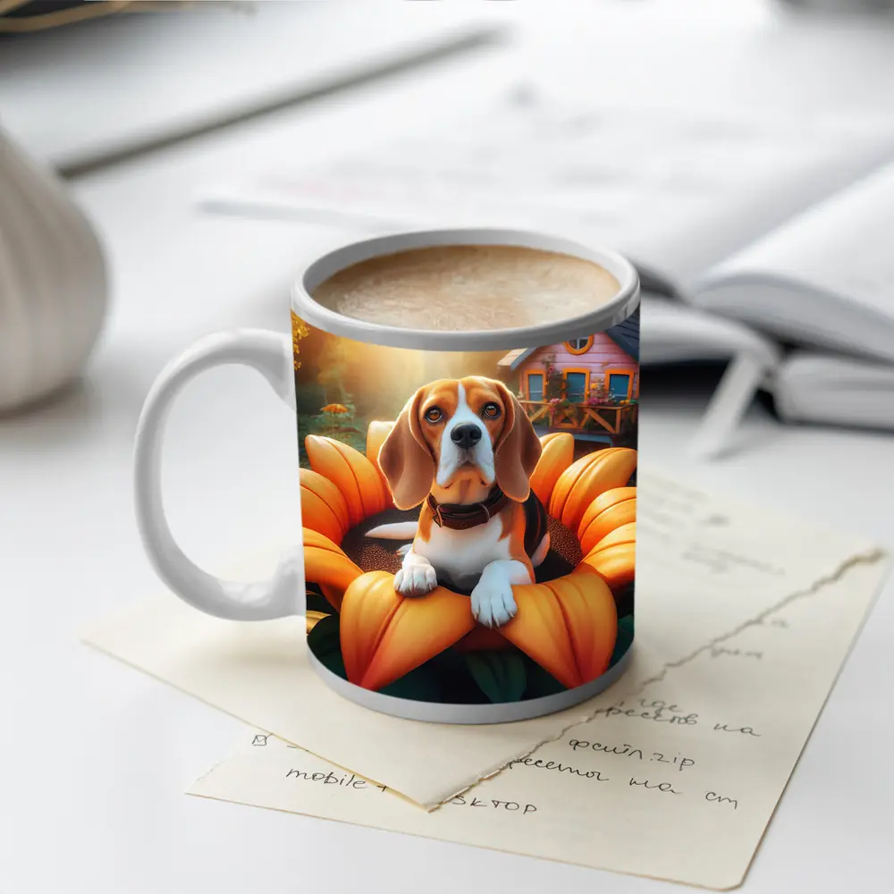 Beagle Dog Sitting in Giant Sunflower Garden – Mugs