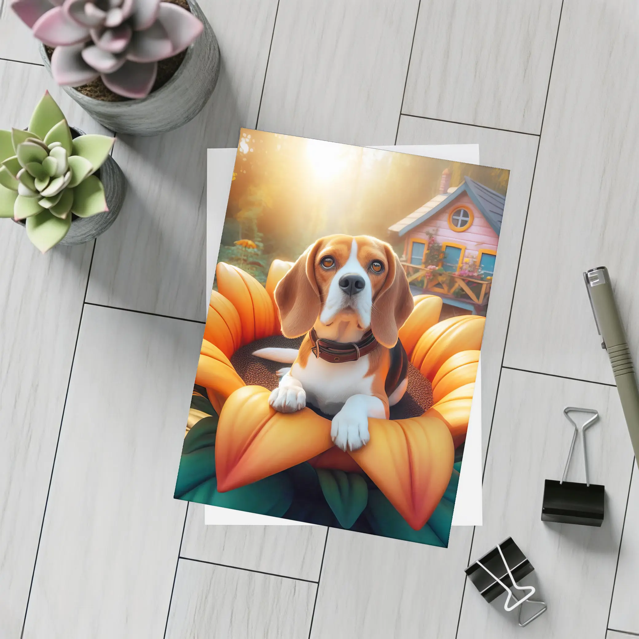 Beagle Dog Sitting in Giant Sunflower Garden – Postcards