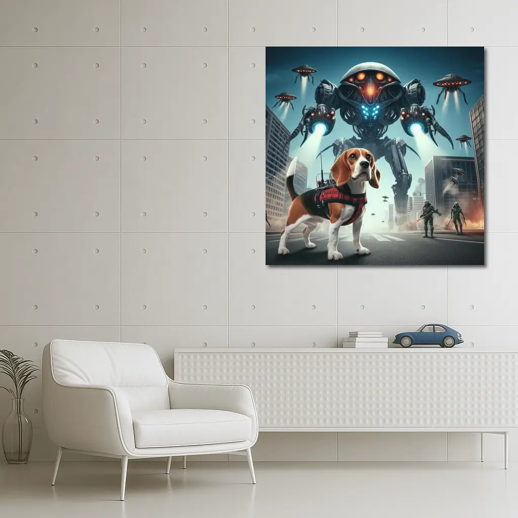 Beagle Dog Sci-Fi City Robot Invasion – Wall Art