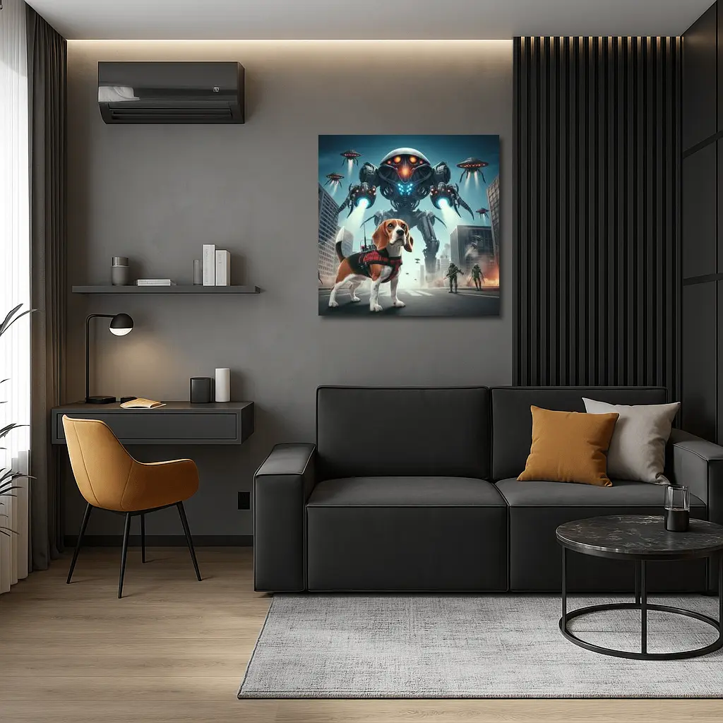 Beagle Dog Sci-Fi City Robot Invasion – Wall Art