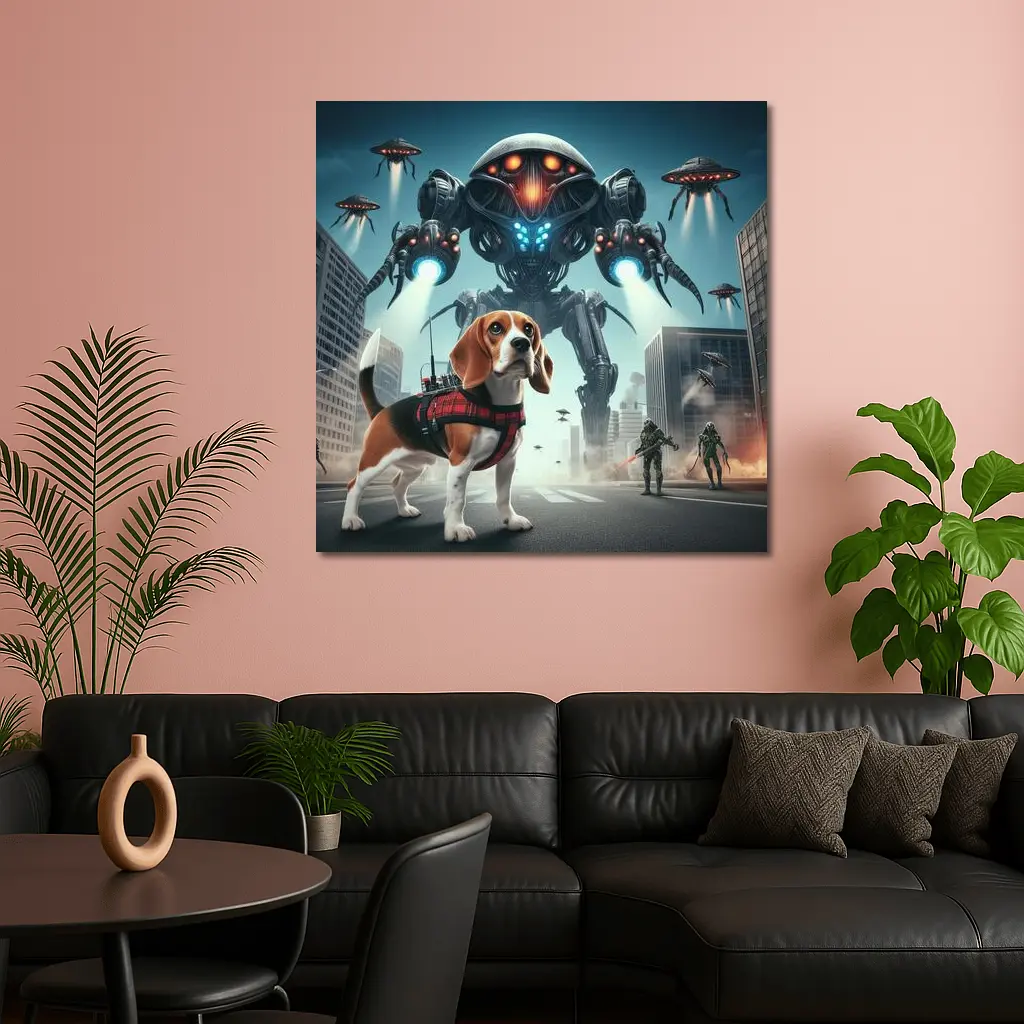 Beagle Dog Sci-Fi City Robot Invasion – Wall Art
