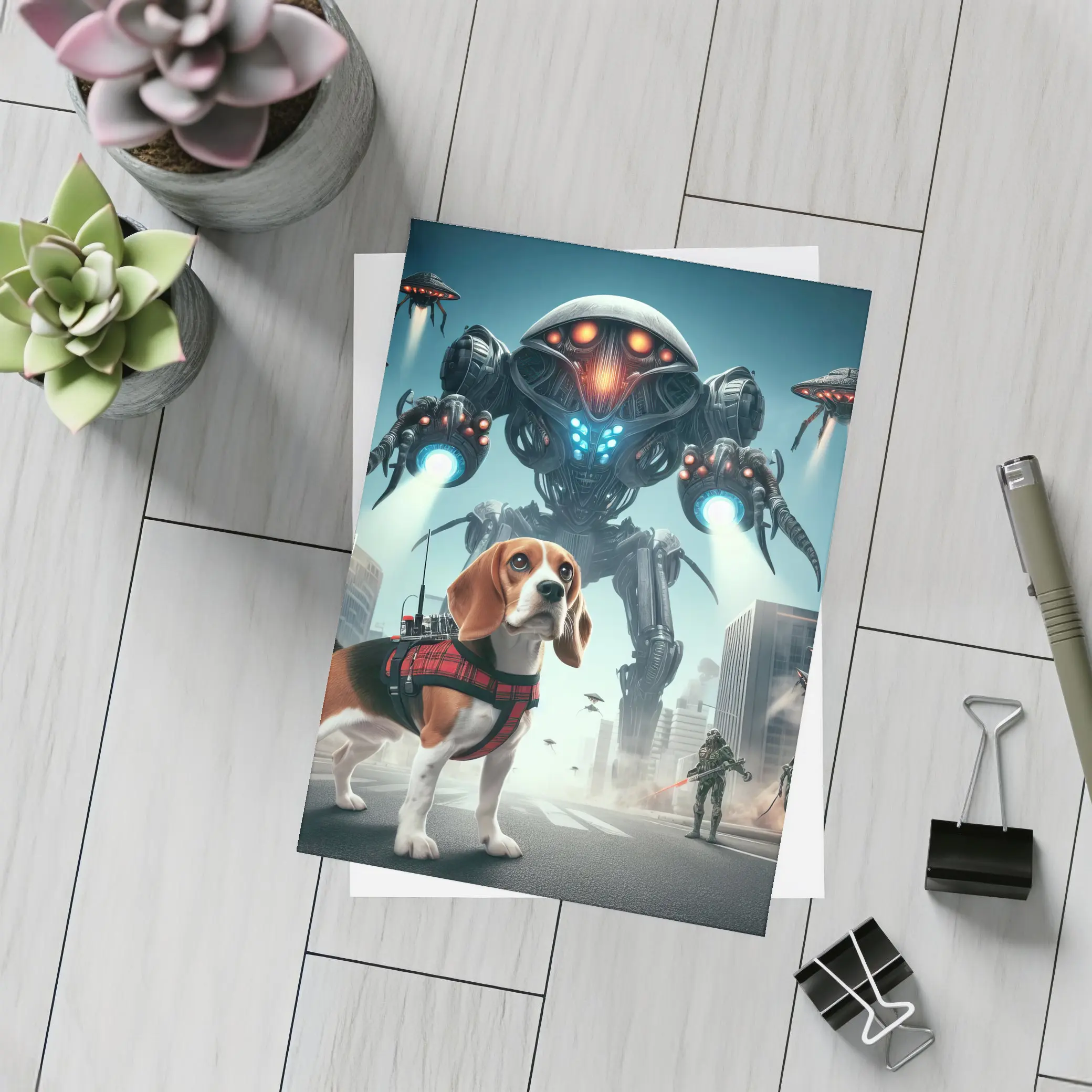 Beagle Dog Sci-Fi City Robot Invasion – Postcards